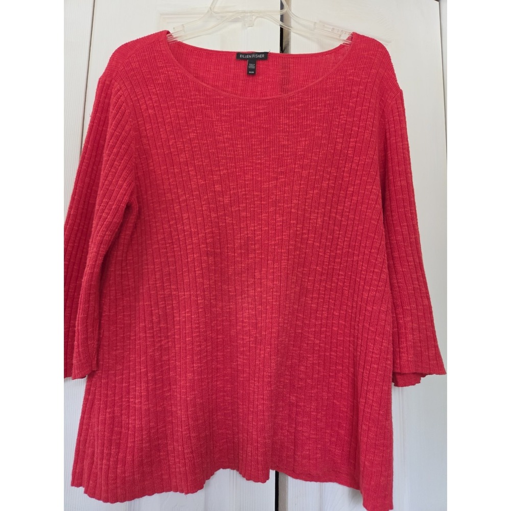 Eileen‎ Fisher Sweater Women's Size Medium Red Linen Cotton Ribbed Knit